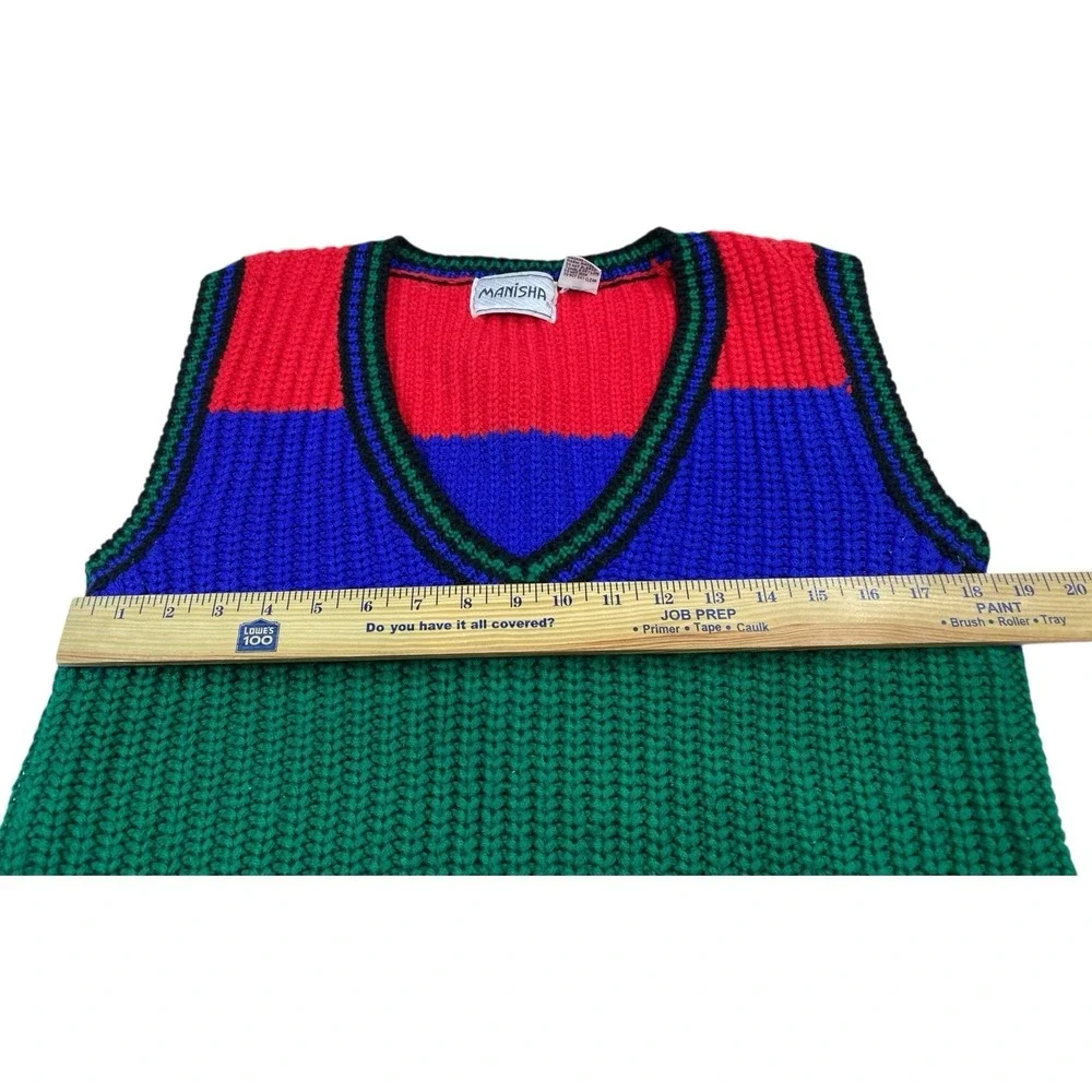 Vintage Manisha Knit Sweater Vest M Red Blue Green Black Striped Acrylic 80s/90s
